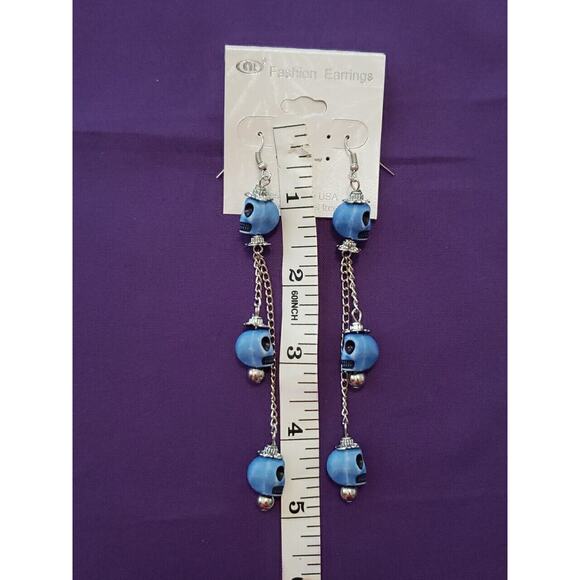 Blue Skull Long Dangle Earrings Halloween Bikercore Punkcore Rocker Goth Boho - Picture 2 of 5
